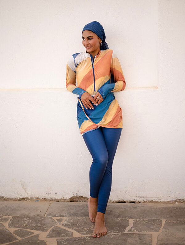 Sea Flame Orange and Blue Print Zip Neck Swim Top