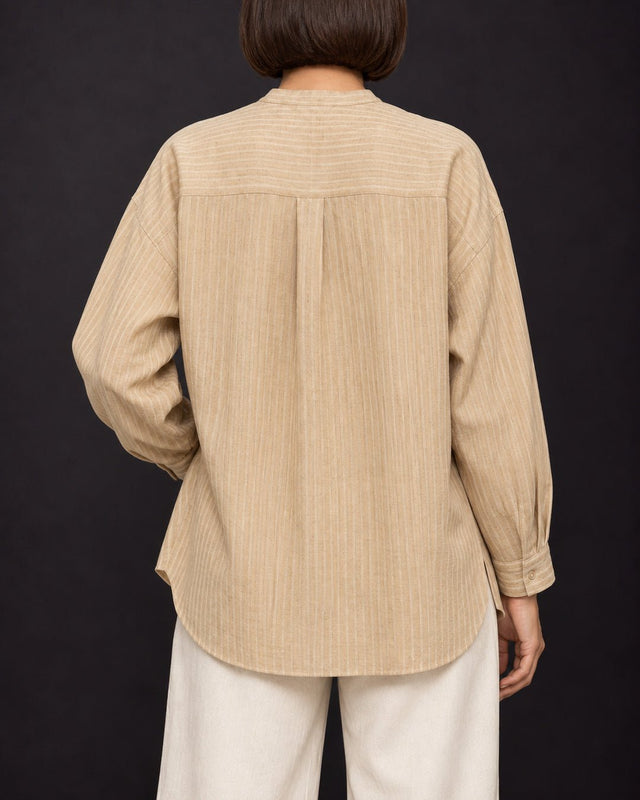 Parallel Beige Tonal Striped Linen Oversized Shirt - Shirt - Mizyana