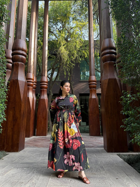 Petalia Dress in Sol Garden print (Midnight Black) - Dress - Mizyana
