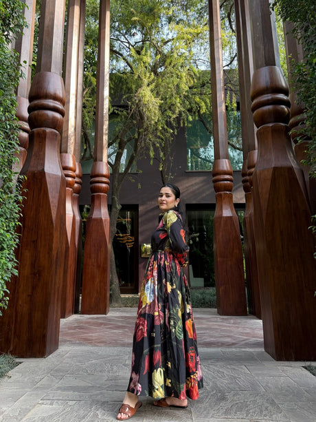 Petalia Dress in Sol Garden print (Midnight Black) - Dress - Mizyana