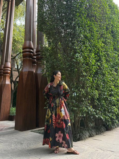 Petalia Dress in Sol Garden print (Midnight Black) - Dress - Mizyana