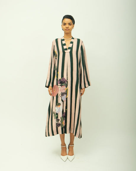 PG A-Line Dress by Ofrida, pink and dark green striped long dress with painted flowers and V-neck, front view