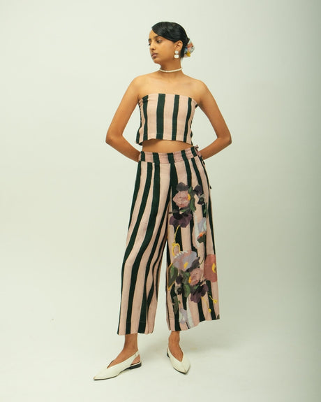 PG Bralette by Ofrida, pink and dark green striped bandeau top with matching wide trousers, front view