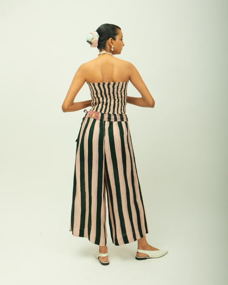 PG Bralette back view showing the elastic back and striped trousers