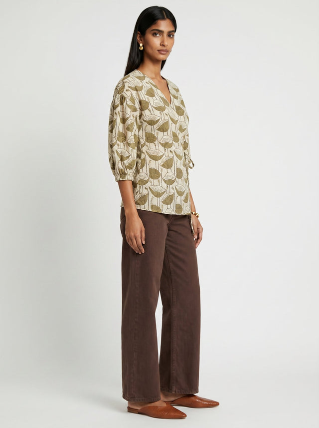 Pia Beige Poppy Cotton Top - Shirt - Mizyana