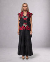 Pilar Floral Applique Chanderi Silk Cape and Pant Three-Piece Set - Three-Piece Set - Mizyana