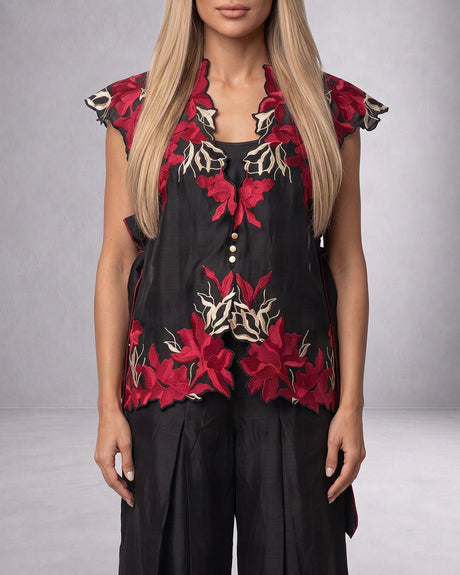 Pilar Floral Applique Chanderi Silk Cape and Pant Three-Piece Set - Three-Piece Set - Mizyana