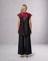 Pilar Floral Applique Chanderi Silk Cape and Pant Three-Piece Set - Three-Piece Set - Mizyana