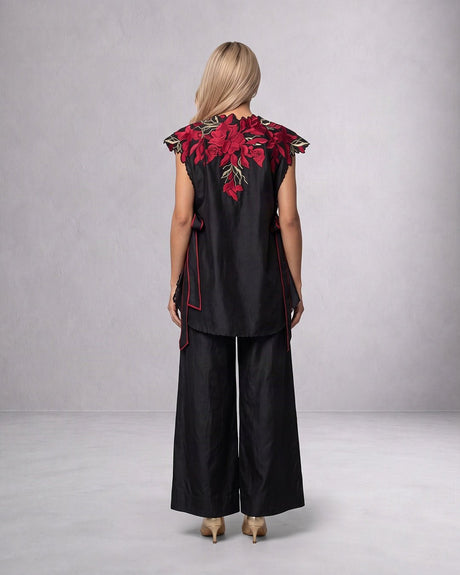 Pilar Floral Applique Chanderi Silk Cape and Pant Three-Piece Set - Three-Piece Set - Mizyana