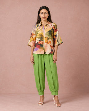 Pollen Batwing Shirt and Green Tapered Trousers Two-Piece Set - Two-Piece Set - Mizyana