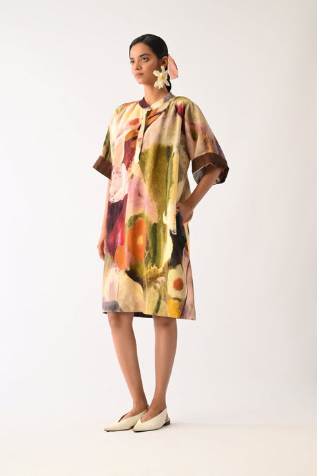 Pollen Beach Dress side front view showing the brown sleeve cuffs