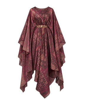 Qasr Burgundy Print Silk Dress and Organza Cape Two-Piece Set - Two-Piece Set - Mizyana