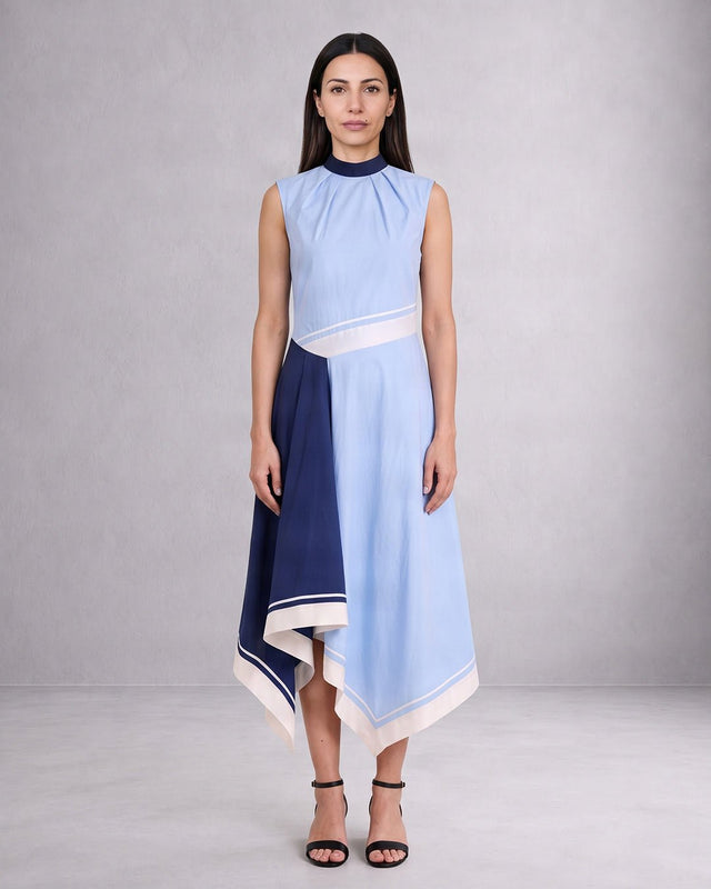 Raasa Blue Tango Color Block Handloom Cotton Midi Dress - Dress - Mizyana