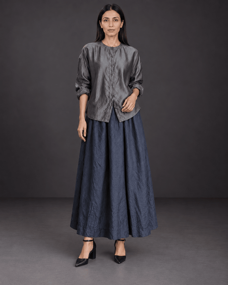 Raven Charcoal Gathered Handwoven Silk Skirt - Skirt - Mizyana