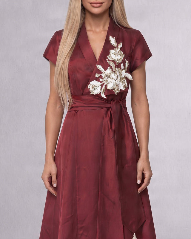 Ravena Maroon Floral Brooch Satin Wrap Dress - Wrap Dress - Mizyana