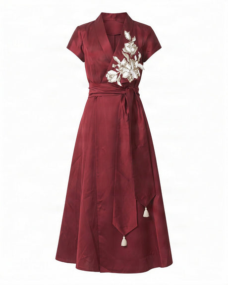 Ravena Maroon Floral Brooch Satin Wrap Dress - Wrap Dress - Mizyana
