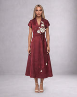 Ravena Maroon Floral Brooch Satin Wrap Dress - Wrap Dress - Mizyana