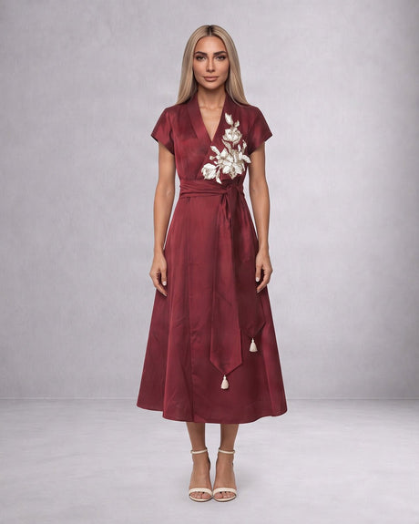 Ravena Maroon Floral Brooch Satin Wrap Dress - Wrap Dress - Mizyana