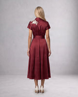 Ravena Maroon Floral Brooch Satin Wrap Dress - Wrap Dress - Mizyana