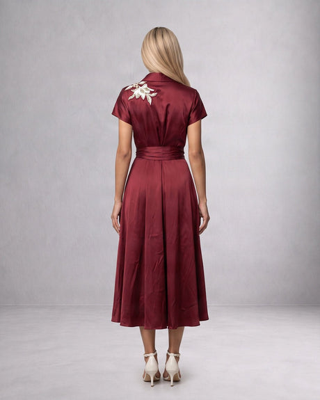 Ravena Maroon Floral Brooch Satin Wrap Dress - Wrap Dress - Mizyana