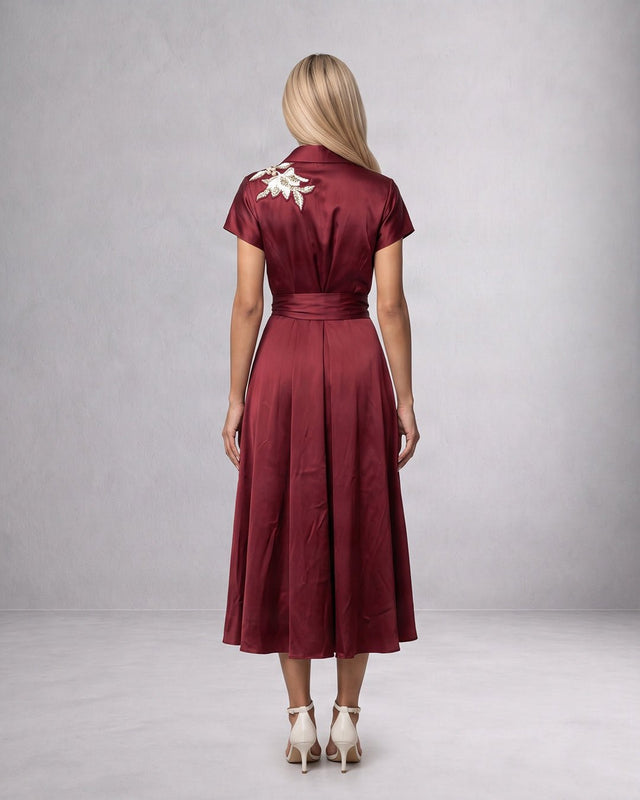 Ravena Maroon Floral Brooch Satin Wrap Dress - Wrap Dress - Mizyana
