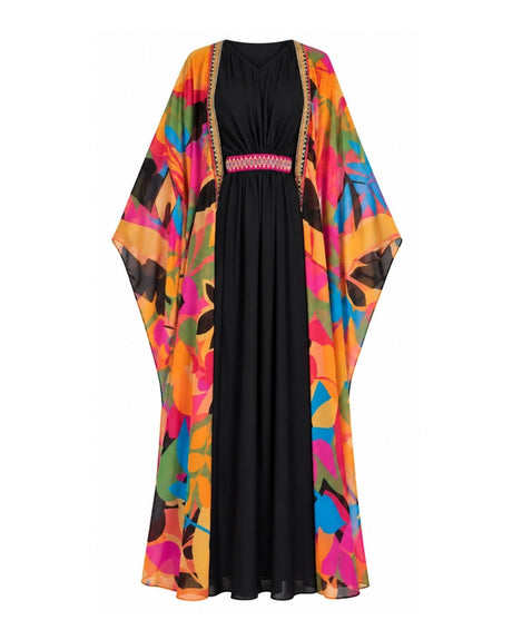 Rawnaq Tropical Print Cape and Black Kaftan - Kaftan - Mizyana