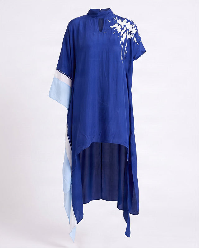 Ray Electric Blue Splash Embroidered Crepe Neck Scarf Kaftan - Kaftan - Mizyana