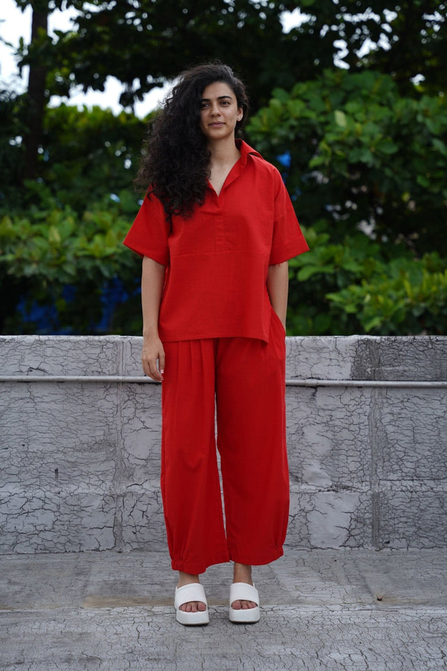 Red Ekin Shirt & Hera Cotton Co-Ord Set (2 PCS) - Two-Piece Set - Mizyana