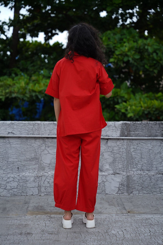 Red Ekin Shirt & Hera Cotton Co-Ord Set (2 PCS) - Two-Piece Set - Mizyana