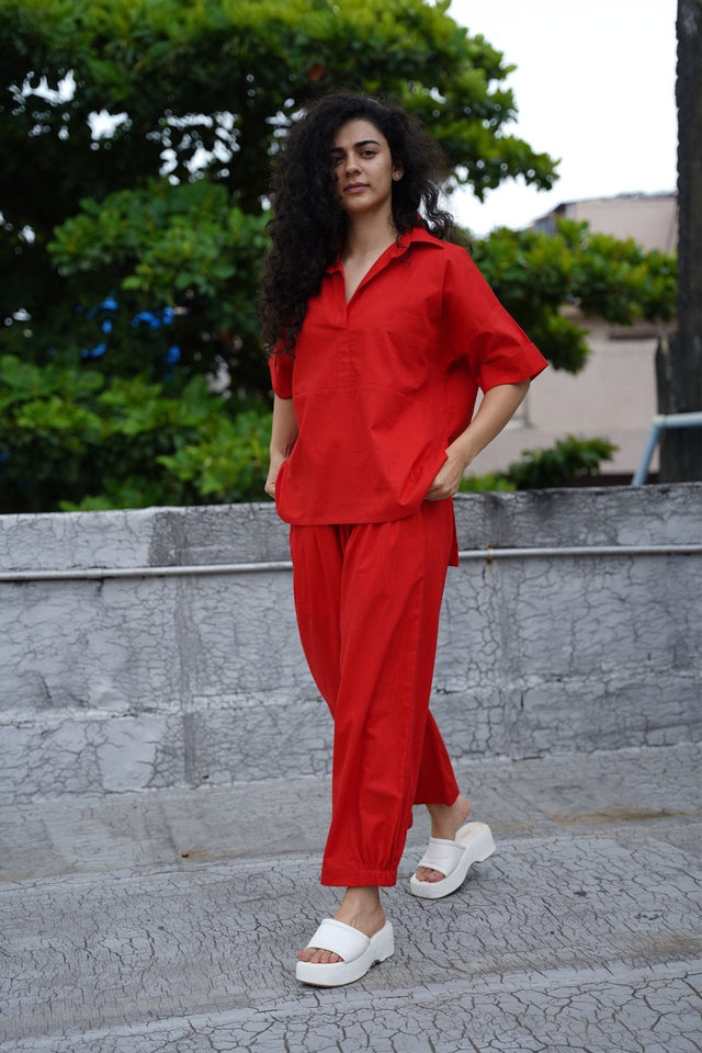 Red Ekin Shirt & Hera Cotton Co-Ord Set (2 PCS) - Two-Piece Set - Mizyana