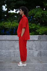 Red Ekin Shirt & Hera Cotton Co-Ord Set (2 PCS) - Two-Piece Set - Mizyana