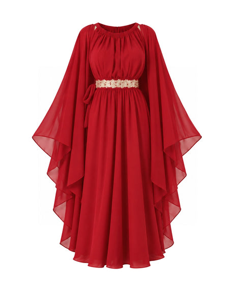 Red Flowing Dress, Cape and Embellished Belt Three-Piece Set - Three-Piece Set - Mizyana
