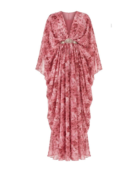 Reej Dusty Rose Floral Print Chiffon Kaftan with Crystal Brooch - Kaftan - Mizyana