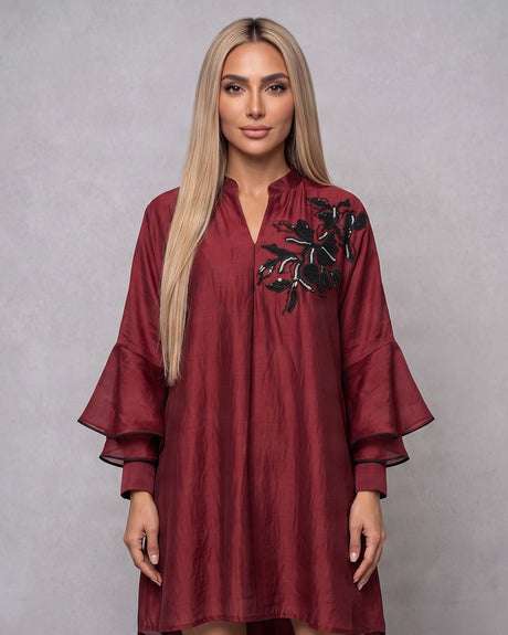 Regina Crimson Sequin Floral Chanderi Silk Swing Dress - Dress - Mizyana