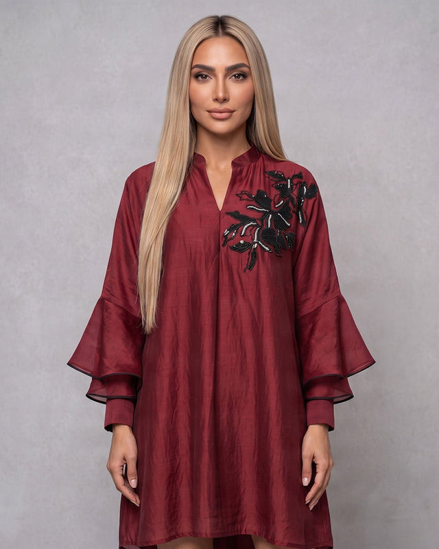 Regina Crimson Sequin Floral Chanderi Silk Swing Dress - Dress - Mizyana