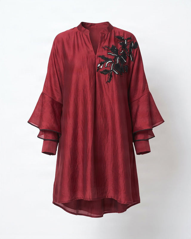 Regina Crimson Sequin Floral Chanderi Silk Swing Dress - Dress - Mizyana