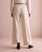 Rekh Greige Striped Pleated Cotton Wide-Leg Trousers - Trousers - Mizyana