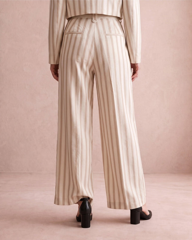 Rekh Greige Striped Pleated Cotton Wide-Leg Trousers - Trousers - Mizyana