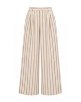 Rekh Greige Striped Pleated Cotton Wide-Leg Trousers - Trousers - Mizyana