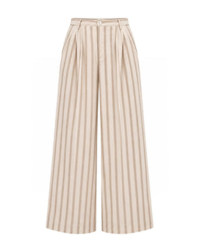 Rekh Greige Striped Pleated Cotton Wide-Leg Trousers - Trousers - Mizyana