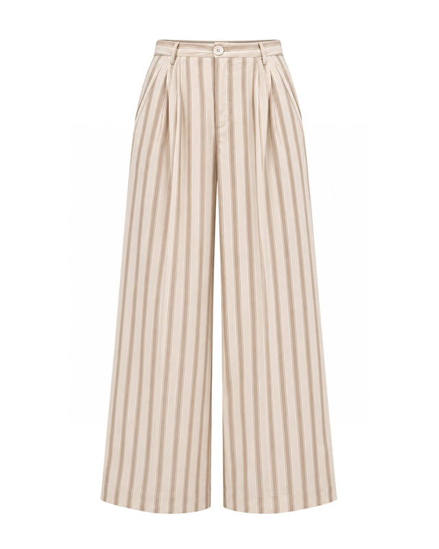 Rekh Greige Striped Pleated Cotton Wide-Leg Trousers - Trousers - Mizyana