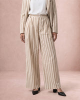 Rekh Greige Striped Pleated Cotton Wide-Leg Trousers - Trousers - Mizyana