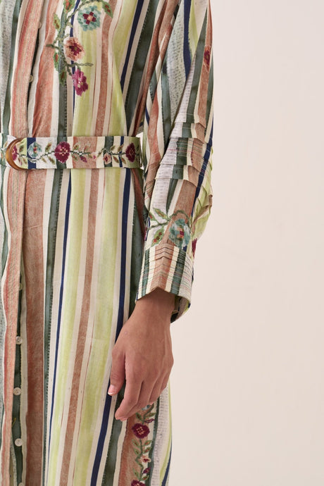 Close-up of the Rekha Belt with floral embroidery and matching striped cuff