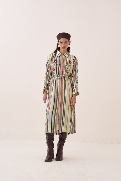 Model wearing the Rekha Belt on the striped shirt dress, front view with boots