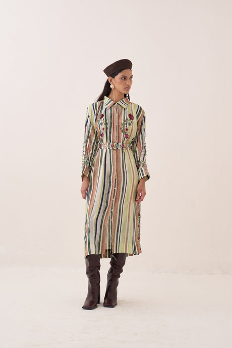 Rekha Belt styled at the waist, front view of the full striped dress
