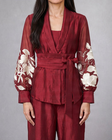 Reva Burgundy Silk Wrap Blazer Top and Wide-Leg Pant Two-Piece Set - Two-Piece Set - Mizyana