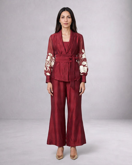 Reva Burgundy Silk Wrap Blazer Top and Wide-Leg Pant Two-Piece Set - Two-Piece Set - Mizyana
