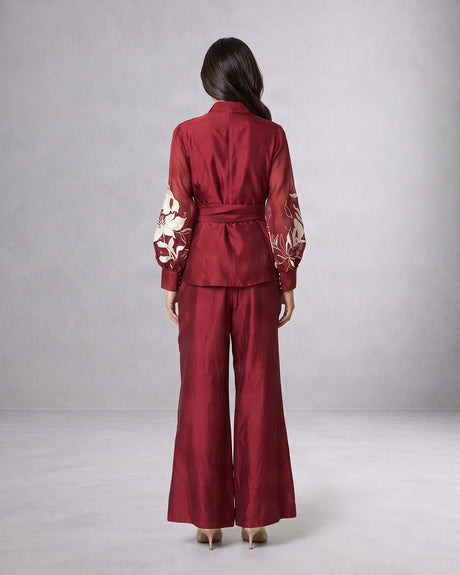 Reva Burgundy Silk Wrap Blazer Top and Wide-Leg Pant Two-Piece Set - Two-Piece Set - Mizyana