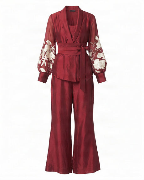 Reva Burgundy Silk Wrap Blazer Top and Wide-Leg Pant Two-Piece Set - Two-Piece Set - Mizyana