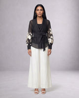 Reva Floral Embroidered Chanderi Silk Wrap Top and Pant Two-Piece Set - Two-Piece Set - Mizyana